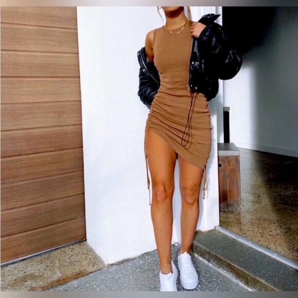 Lioness Tan Military Minds Ruched Ribbed Drawstring Mini Dress - Picture 3 of 9